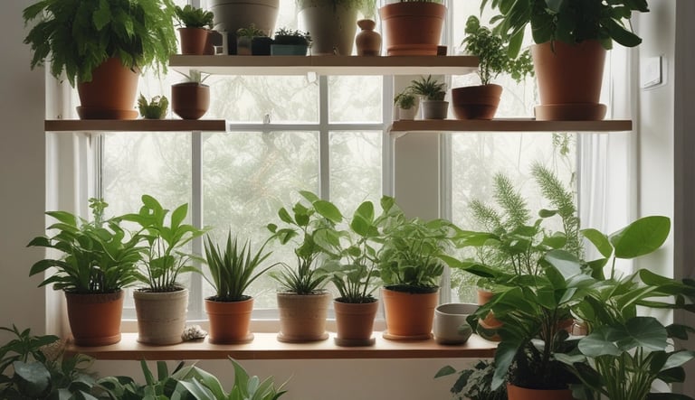 Indoor shelves filled with lush tropical houseplants in terracotta pots near a bright window.