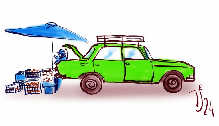 Dessin de vendeur de légumes en Lada au marché de Kutaisi, Géorgie