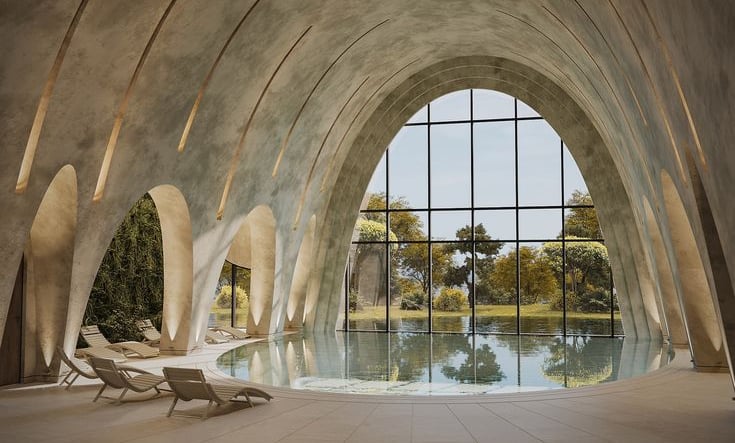 Luxury wellness club design featuring domed roof indoor pool