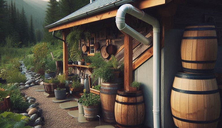 a house with a wooden barrel of water