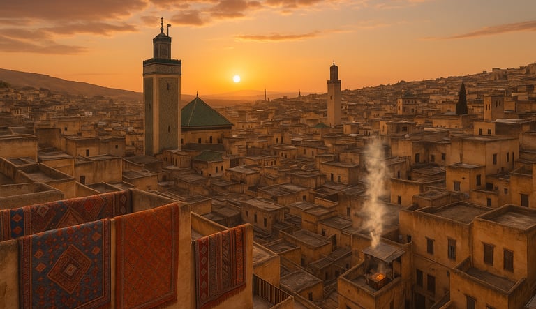 Panoramic sunset view over the medina of Fes, Morocco with rooftops, minaret, and hanging Moroccan rugs.