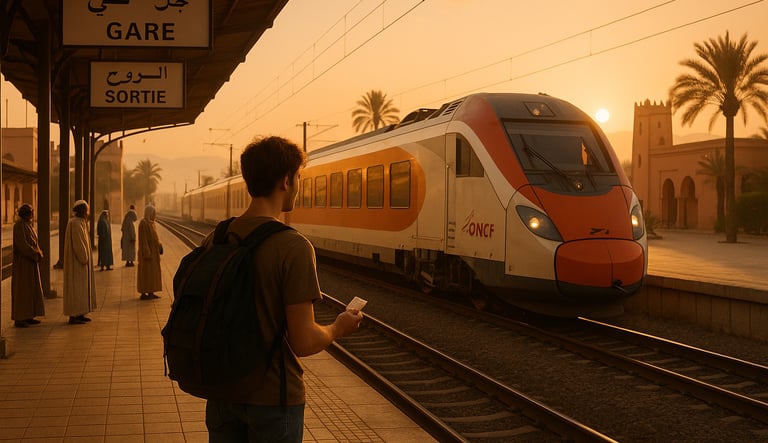 Backpacker waiting at a Moroccan train station at sunrise with ONCF train and locals nearby.