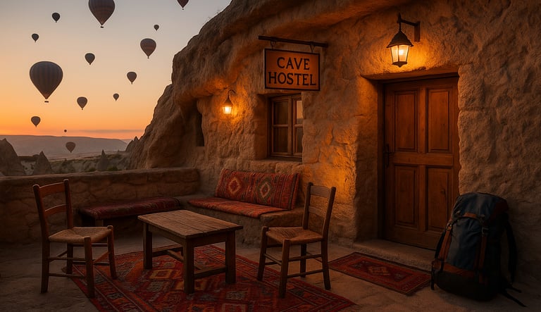 Charming budget cave hostel in Cappadocia with Turkish rugs, outdoor seating, and hot air balloons rising in the background a
