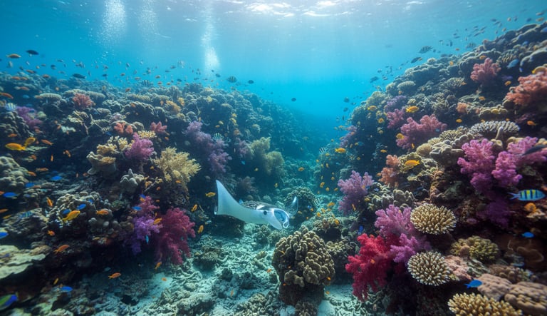 Scuba diver over vibrant Raja Ampat coral reef with dense tropical fish and a manta ray in clear blue water.