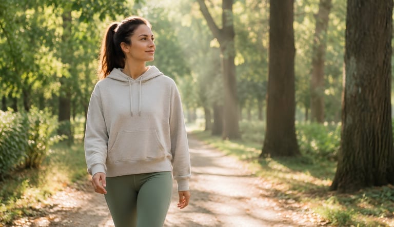 A woman in a grey hoodie walking on a sunlit forest trail for morning outdoor exercise.