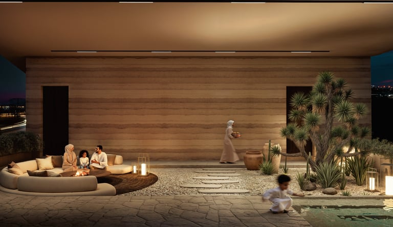 Luxury future home courtyard with ambient landscape lighting