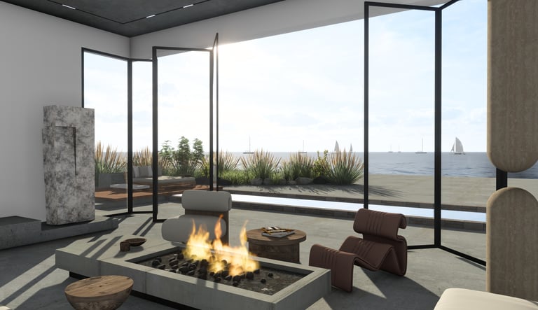 Open plan living area with fireplace in luxury villa concept, Dubai