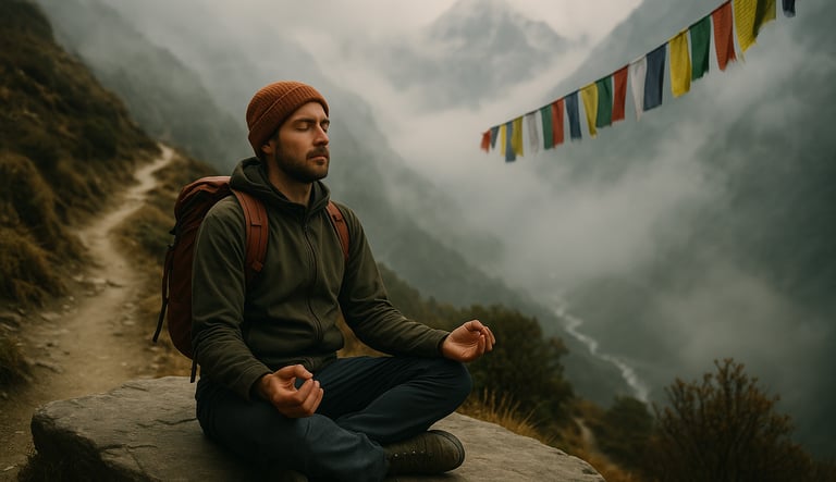 Trekker meditating quietly on a Himalayan trail surrounded by prayer flags and mist.