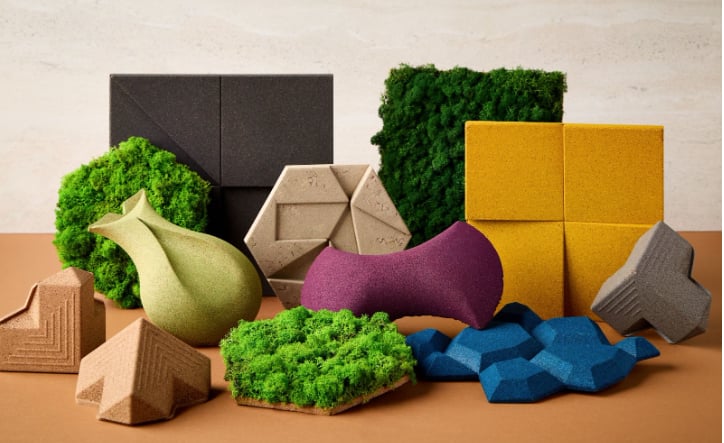 Modern acoustic wall panels and decorative 3D textures in various geometric shapes and earthy colors.