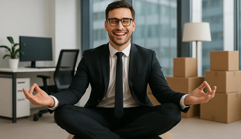 Un homme assis sur un carton de déménagement en train de faire de la médiation