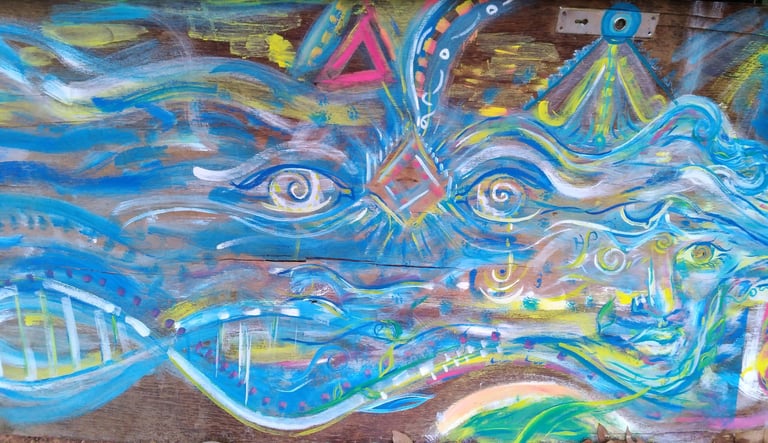 détail d'une peinture aux tons bleus, on peut y distinguer le schéma de l'ad, des yeux, un ou plusieurs visage, des courants