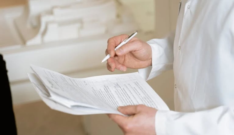 un hombre con bata blanca sosteniendo un bolígrafo y unos documentos clínicos