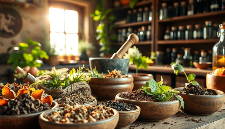 Herbal apothecary showcasing a variety of natural pain relief remedies