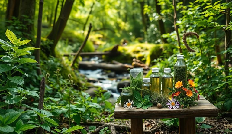 A variety of native plants with medicinal properties, sunlight filtering through the trees.