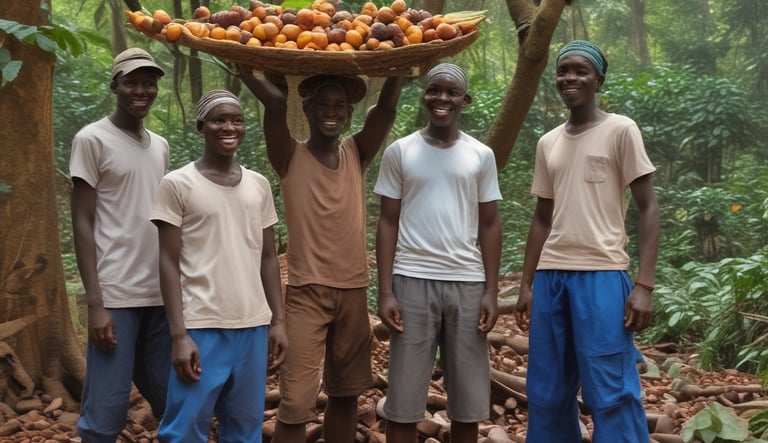 Three individuals wearing hats are engaged in agricultural activity, surrounded by dense green foliage. The workers are partially obscured by the lush vegetation, suggesting they are harvesting or working in a field.