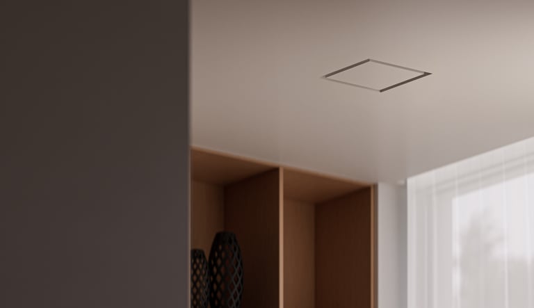 ERGOVENT KVADRO square frameless diffuser flush-mounted in gypsum ceiling of modern interior room