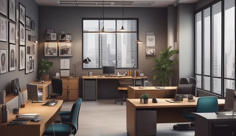 Modern office reception area with a white front desk, wooden countertop, and company signage.