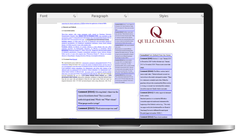 a research paper being edited in Microsoft Word with tracked changes,  comments, and formatting tool