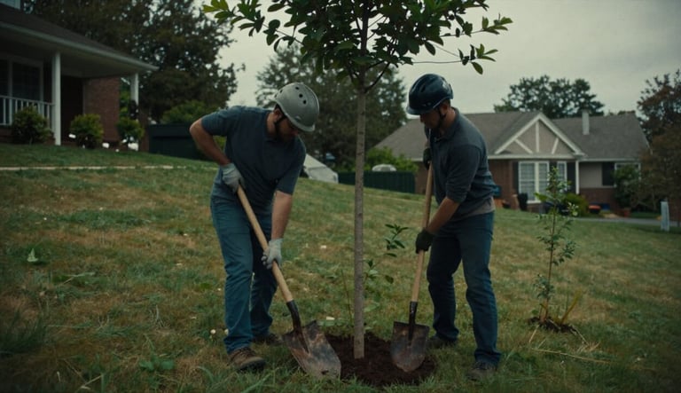 Two arborists planting a tree on a gentle sloop behind a house