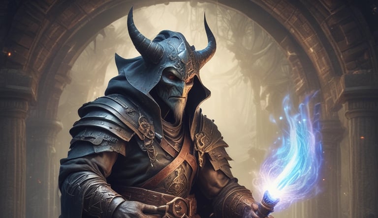 A cozy gaming table with a DM using a tablet displaying voice commands for a D&D session.