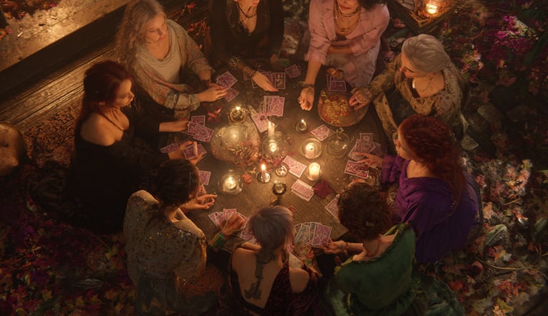 Un cercle de femmes assises autour d'une table avec des bougies et des cartes d'oracle.