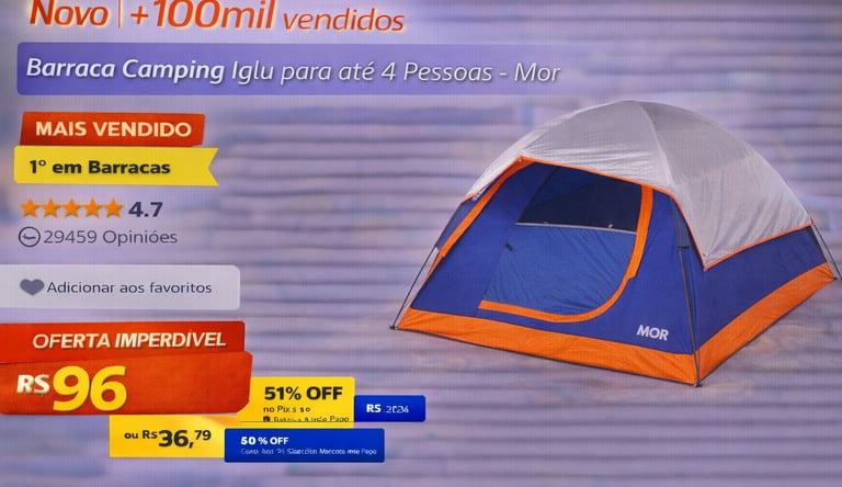 Barraca de camping Iglu Mor azul e laranja para 4 pessoas em oferta promocional.