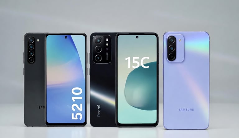 Comparison of Samsung and Redmi smartphones showing front displays and triple camera rear designs.