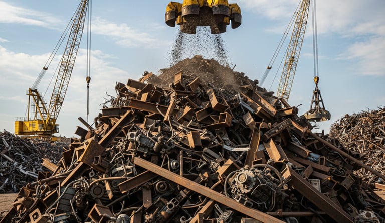 a crane is lifting a pile of scrap metal