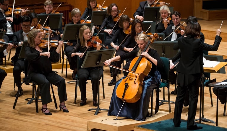 Mandy Hofheins soloing with her cello with the Utah Symphony