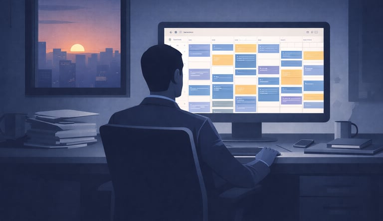 a leader alone at night, facing a screen filled with back-to-back meetings, symbolizing busyness and fading accountability.