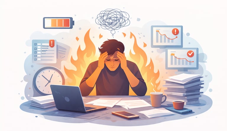 a high performer at a desk, head in hands, surrounded by task overload and stress symbols, representing burnout.