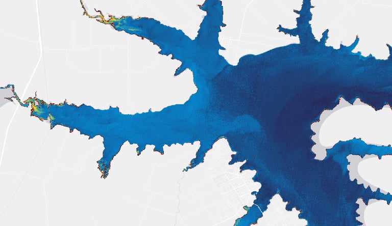 Aerial satellite view of a large blue lake map showing water depth and shoreline details for navigation.