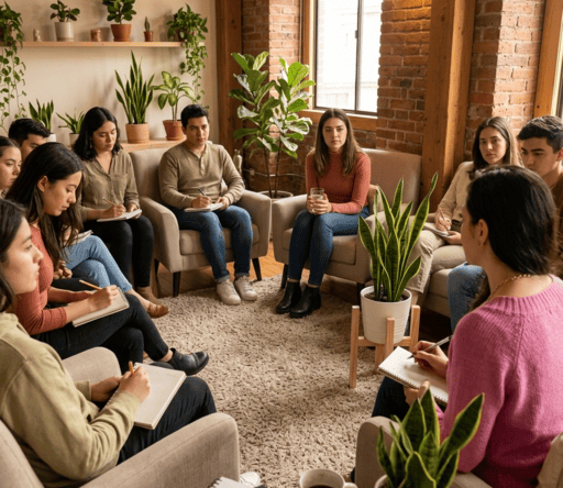 Grupo de jovenes que se apoyan durante una sesión de terapia con la Psicologa Mary Bejarano