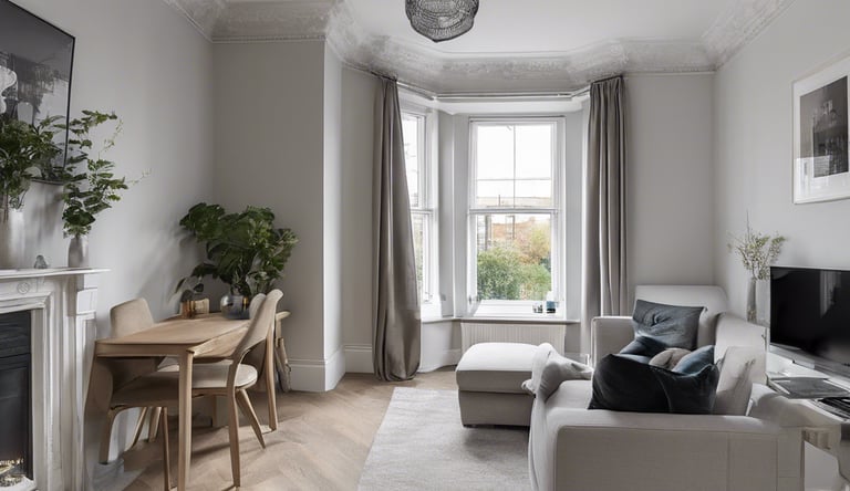 end of tenancy living room with a couch and a fireplace
