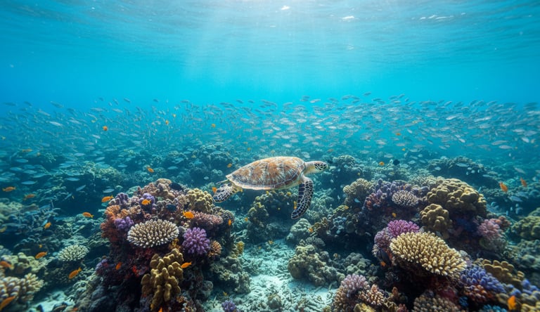 Scuba diver above Great Barrier Reef coral bommies as a sea turtle swims through bright, clear turquoise water.
