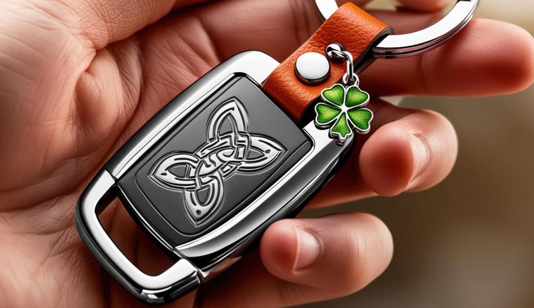close-up of hand holding a key fob with a Celtic engraving hooked by brown leather to keyring and a four leaf clover keychain