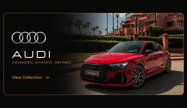 Red Audi RS3 luxury sedan for rent parked in front of a tropical resort with palm trees.
