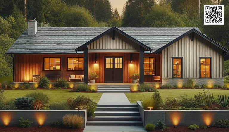 modern farmhouse, board and batten, black trim, black windows, gray roof, wood accents