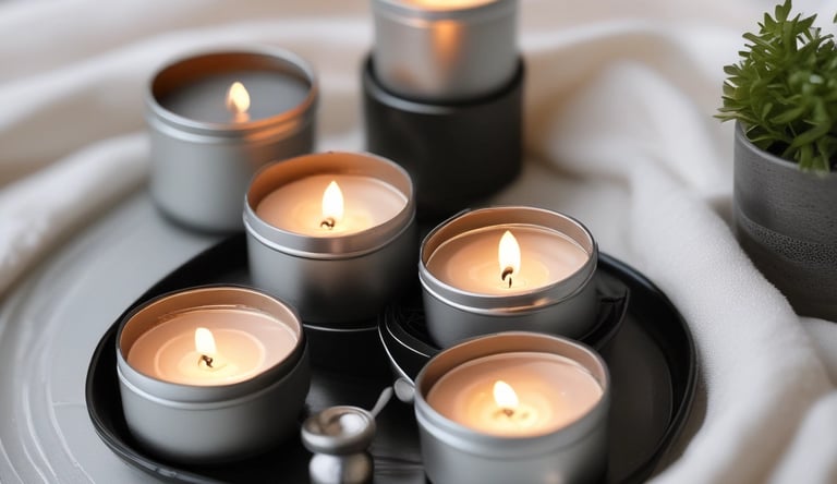 A neatly arranged collection of scented candles in glass jars, each featuring distinct labels with intricate lettering. The candles are placed on a metal rack, with varied wax colors ranging from white to light yellow and pale orange. The setting is indoors, with a blurred background providing a warm ambiance.