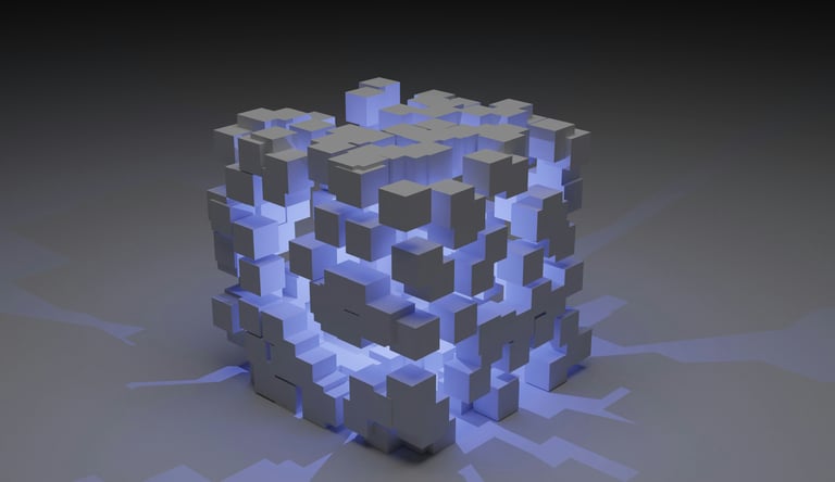 3D illustration of glowing blue blocks arranged inside a transparent cube with light shining from wi