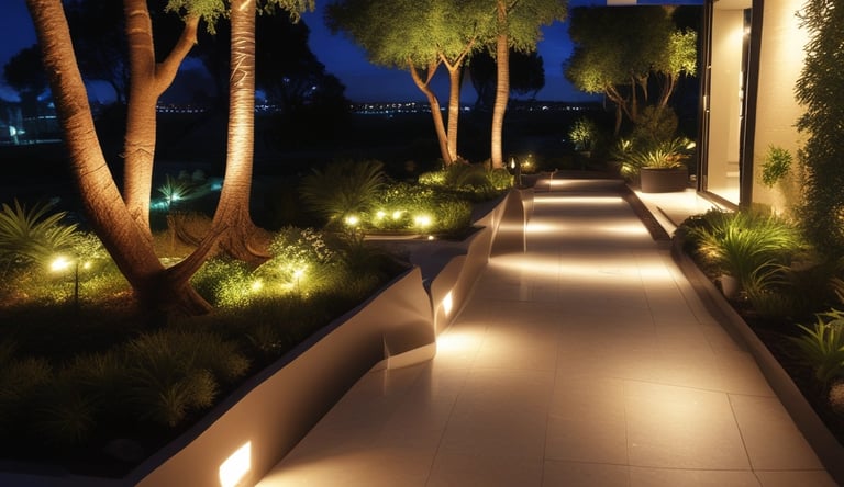 Elegant outdoor lighting along a garden path during twilight.