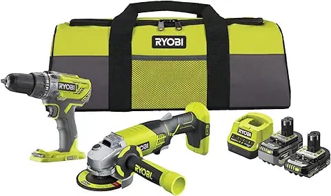 Ryobi 18V cordless power tool kit with drill, angle grinder, batteries, and tool bag.