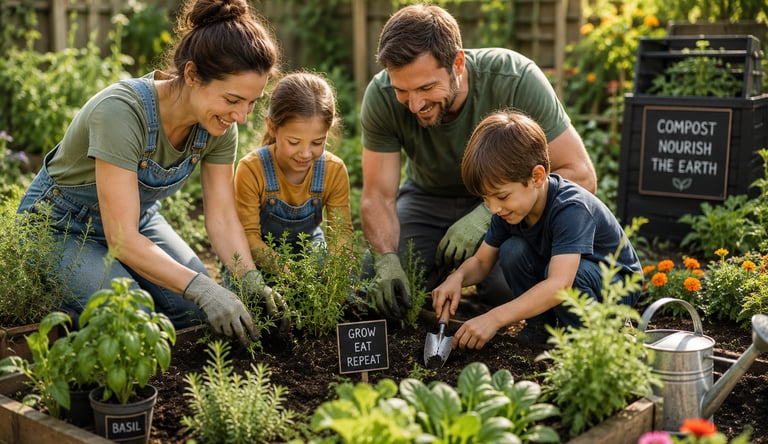 Family gardening together in a backyard garden as part of a sustainable and eco-friendly lifestyle.