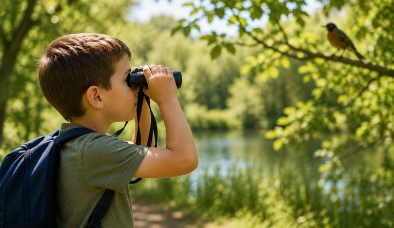 A boy looking through binoculars to study a bird.