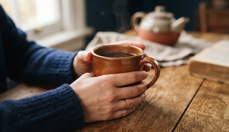 Close-up of hands holding a warm terracotta ceramic cup on a wooden table, soft natural side light, shallow depth of field, professional and welcoming atmosphere.
