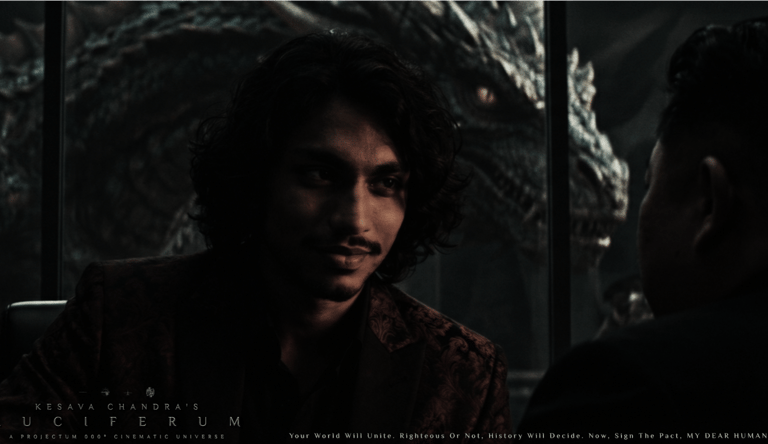 Kesava Chandra as Brahma Vardha facing the Supreme Comrade of the DPRK, Kim Jong Un, with his dragon behind in Luciferum