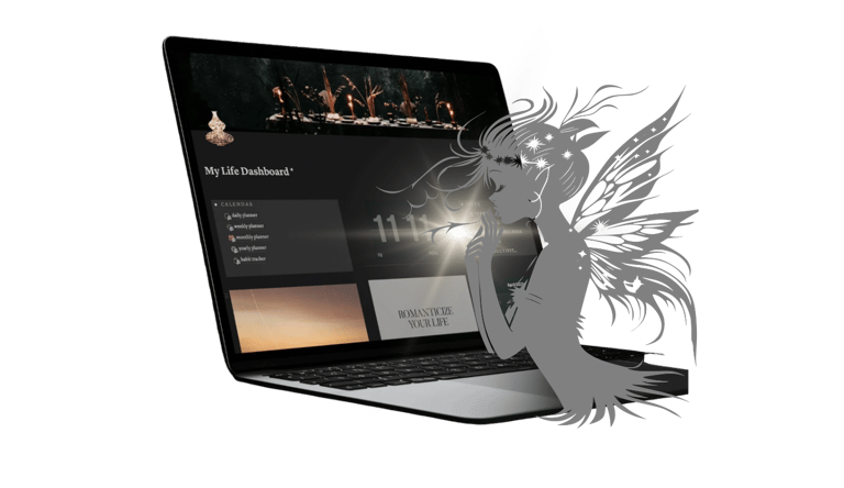 Laptop displaying a My Life Dashboard planner with a mystical fairy illustration on a dark background.