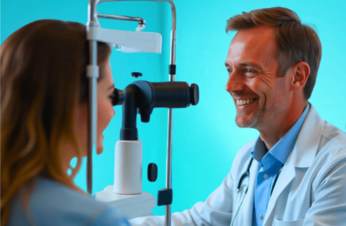Woman patient have eyes tested by smiling male opthomologist