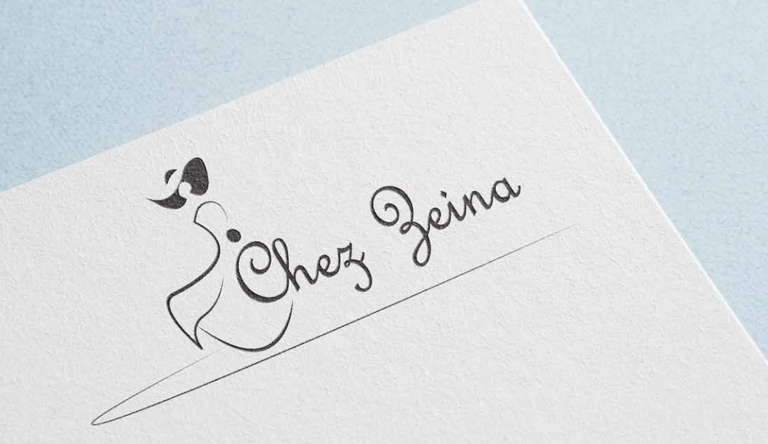Elegant black line art logo for Chez Zeina featuring a minimalist woman silhouette on white textured paper.
