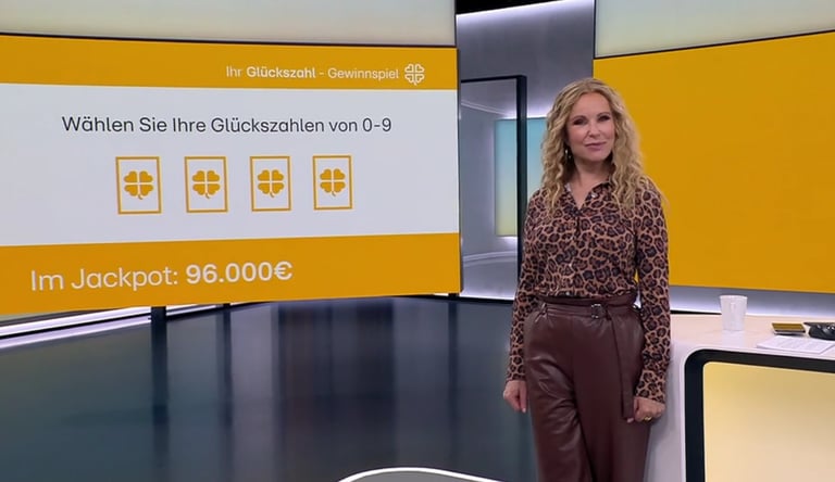 Foto vom RTL Television über das Punkt 12 Gewinnspiel, eine Zuschauerin spielt das Glückszahlenspiel